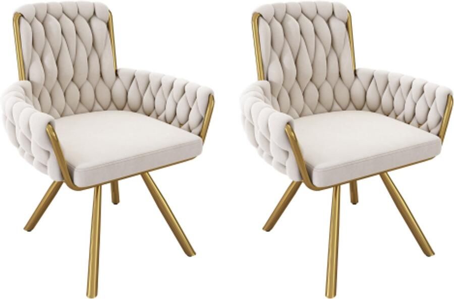 Fluwelen eetkamerstoel set van 2 fauteuil luxe draaistoel voor in de woonkamer en slaapkamer draaistoel voor in de vrije tijd met vier metalen poten beige [OUDE SKU: WF310502AAB]