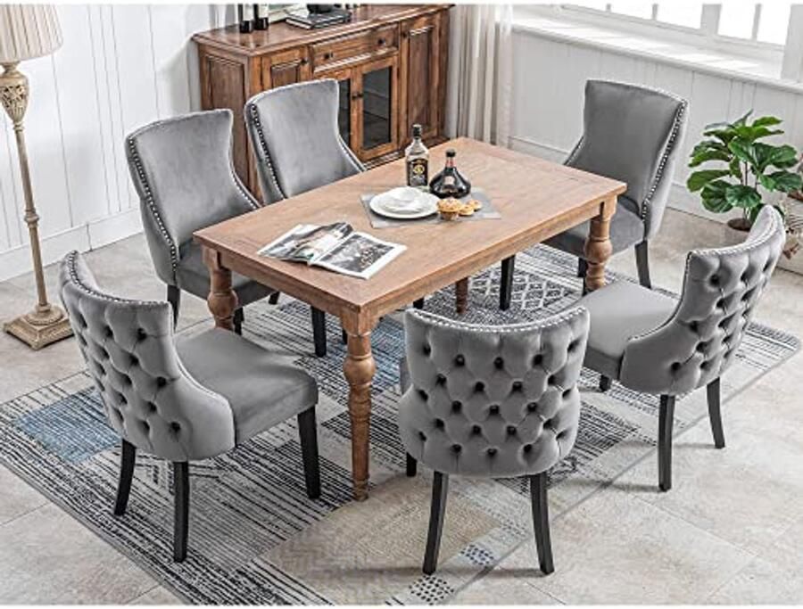 Fluwelen Eetkamerstoelen Set van 2 – Grijs Gestoffeerd met Knopstiksel en Massief Houten Onderstel