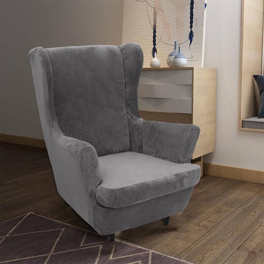 Fluwelen fauteuil hoezen 2-delige set hoge stretch stoel hoes bankhoezen 1-zits elastische zachte stijlvolle bankhoezen met elastische bodem Antislip meubelbeschermer Grijs