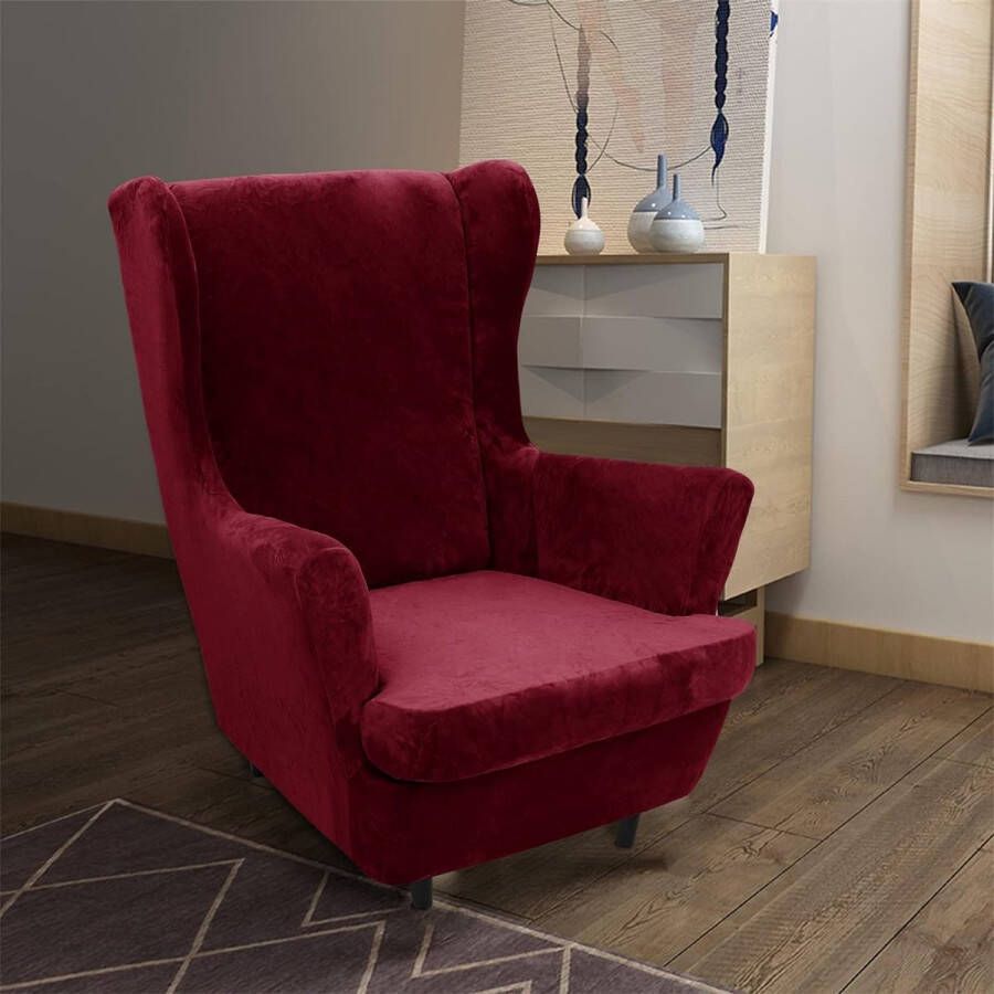 Fluwelen fauteuil hoezen 2-delige set hoge stretch stoel hoes bankhoezen 1-zits elastische zachte stijlvolle bankhoezen met elastische bodem Antislip meubelbeschermer Wine red