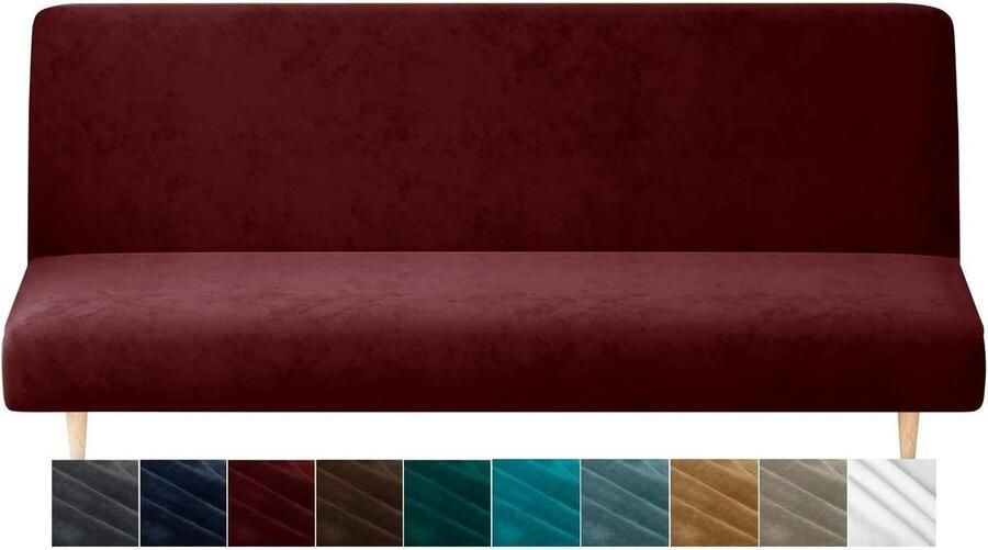 Fluwelen futon-bedekking hoge stretch bankhoezen zonder armleuning spandex antislip meubelbescherming machinewasbaar wijnrood