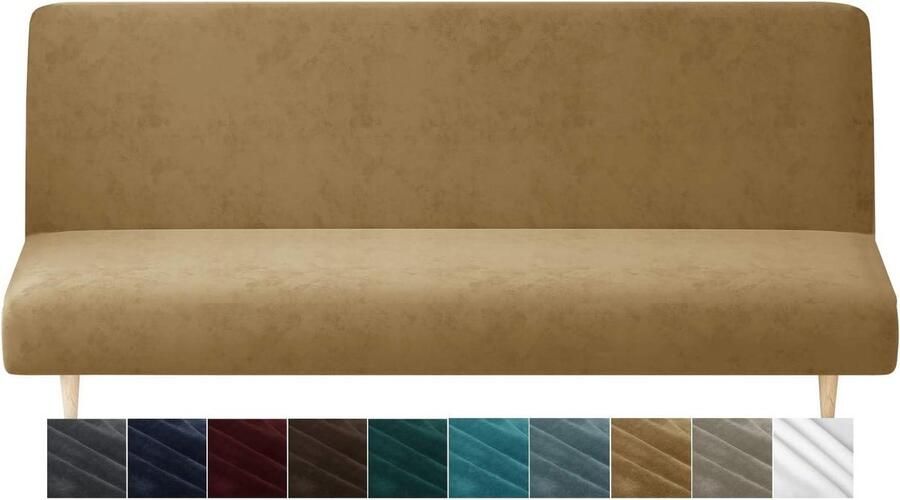 Fluwelen futon-bedekking Hoge stretch bankhoezen zonder armleuning Spandex antislip meubelbescherming Machinewasbaar Camel