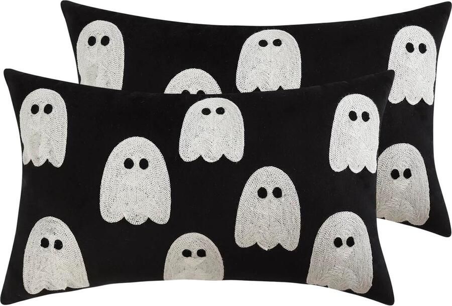 Fluwelen kussenhoezen 30 x 50 cm set van 2 Geest Halloween zwart-wit geborduurde decoratie Thanksgiving Home Party decor Slaapbank kussenslopen kussensloop 30x50