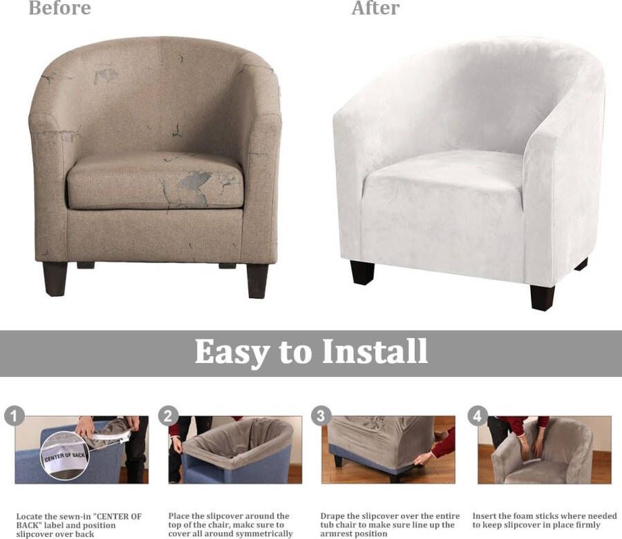 Fluwelen hoes voor kuipstoel hoge stretch clubstoelhoezen wasbare hoezen voor fauteuil bank slipcover meubelbeschermers voor eetkamer woonkamer kantoor (Tandwit fluweel)
