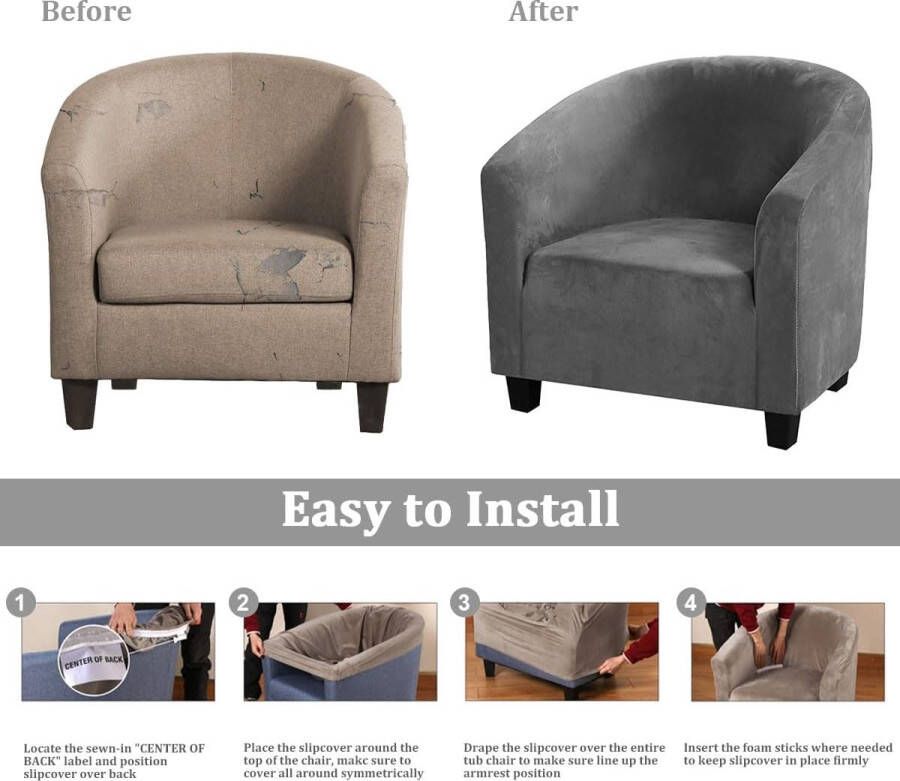 Fluwelen hoes voor kuipstoel hoge stretch clubstoelhoezen wasbare hoezen voor fauteuil bank slipcover meubelbeschermers voor eetkamer woonkamer kantoor (grijs fluweel) - Foto 2
