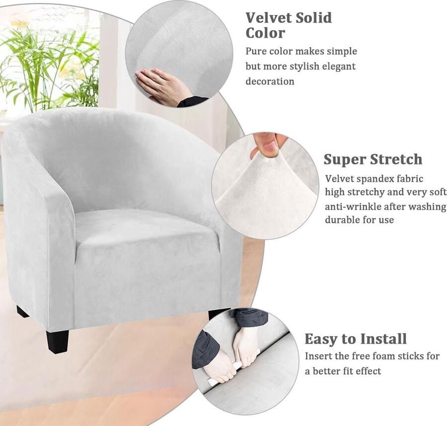 Fluwelen hoes voor kuipstoel hoge stretch clubstoelhoezen wasbare hoezen voor fauteuil bank slipcover meubelbeschermers voor eetkamer woonkamer kantoor (Tandwit fluweel) - Foto 2