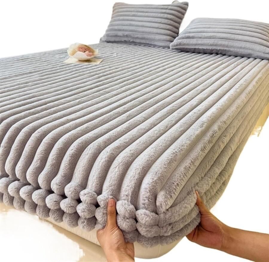 Furnibella Fluwelen Hoeslaken 180 x 200 cm – 3-delig – Grijs Verdikt & Zacht – Warm Winterbedlaken voor Studentenhuis of King Queen Bed