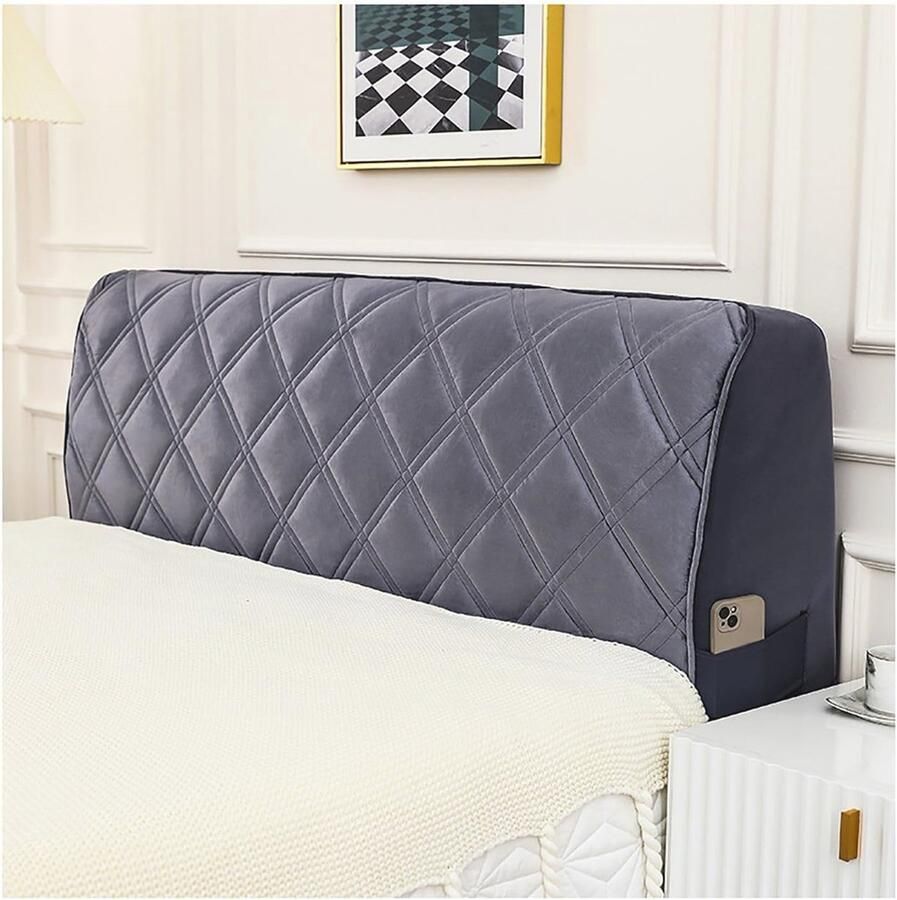 Fluwelen Hoofdbordhoes met Zakken All-Inclusive Bescherming voor Bed Hoofdeinden Geschikt voor Full Queen King Donkergrijs 200cm x 60cm