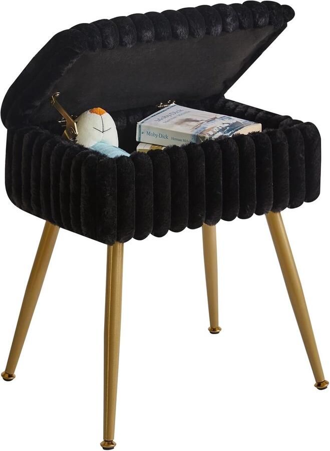 Fluwelen kaptafelkruk – Zwarte rechthoekige make-upkruk met 4 metalen poten poef voor slaapkamer