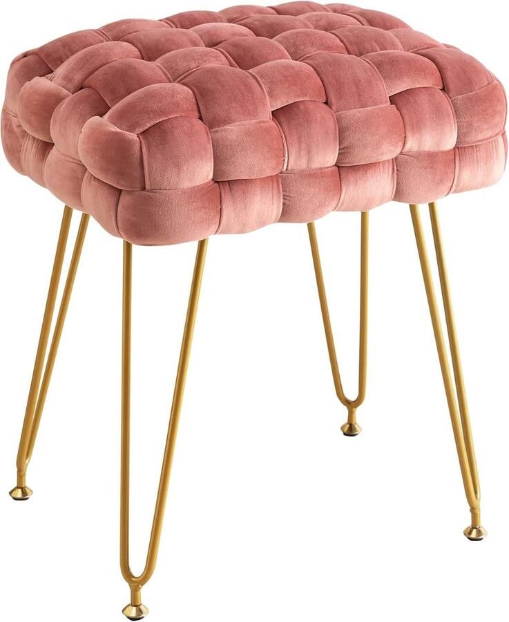 Fluwelen kruk kaptafel kruk rechthoekige gestoffeerde kruk metalen poten roze
