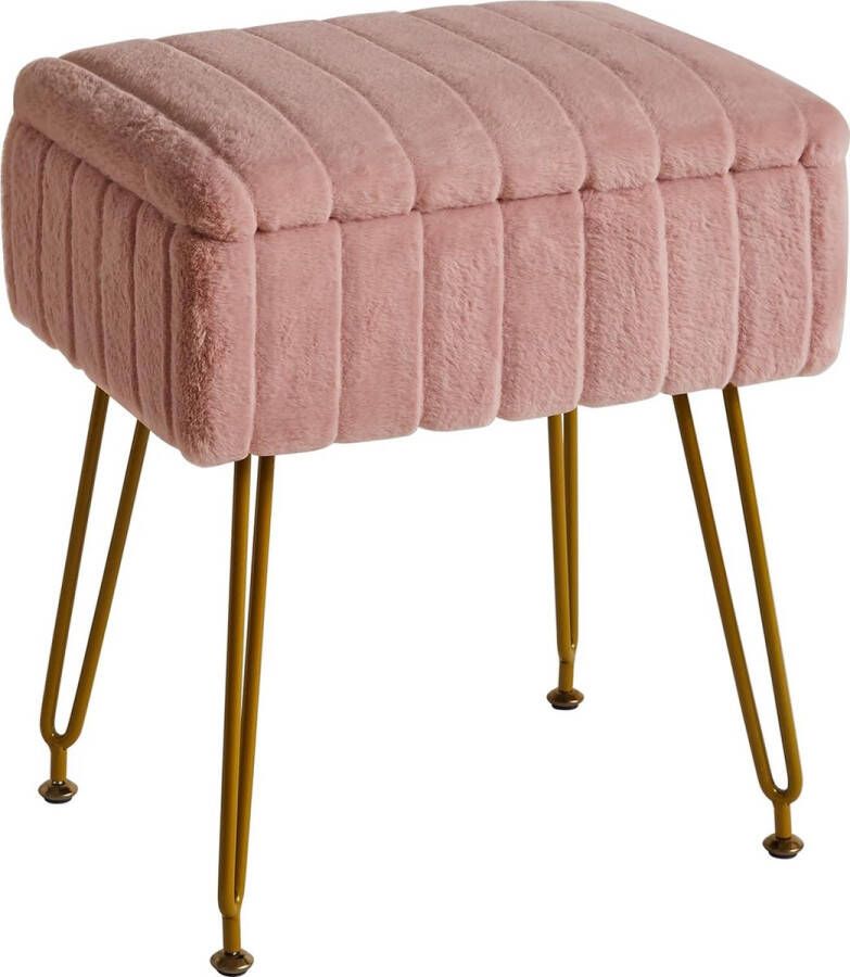 Fluwelen kruk stoel met opbergruimte voetensteun voetenbank kleine bijzettafel met 4 metalen poten met anti-slip voeten voor make-upruimte slaapkamer roze