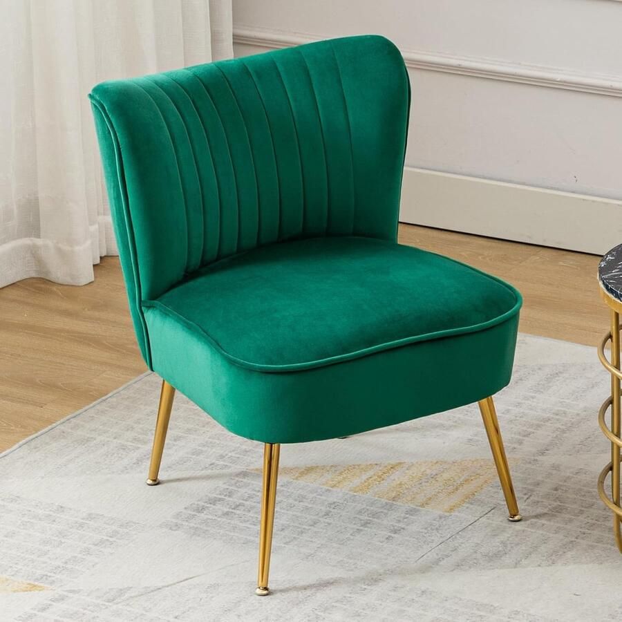 Fluwelen kuipstoel zonder armleuning – Gestoffeerde accentstoel met metalen poten moderne loungestoel voor balkon en woonkamer groen
