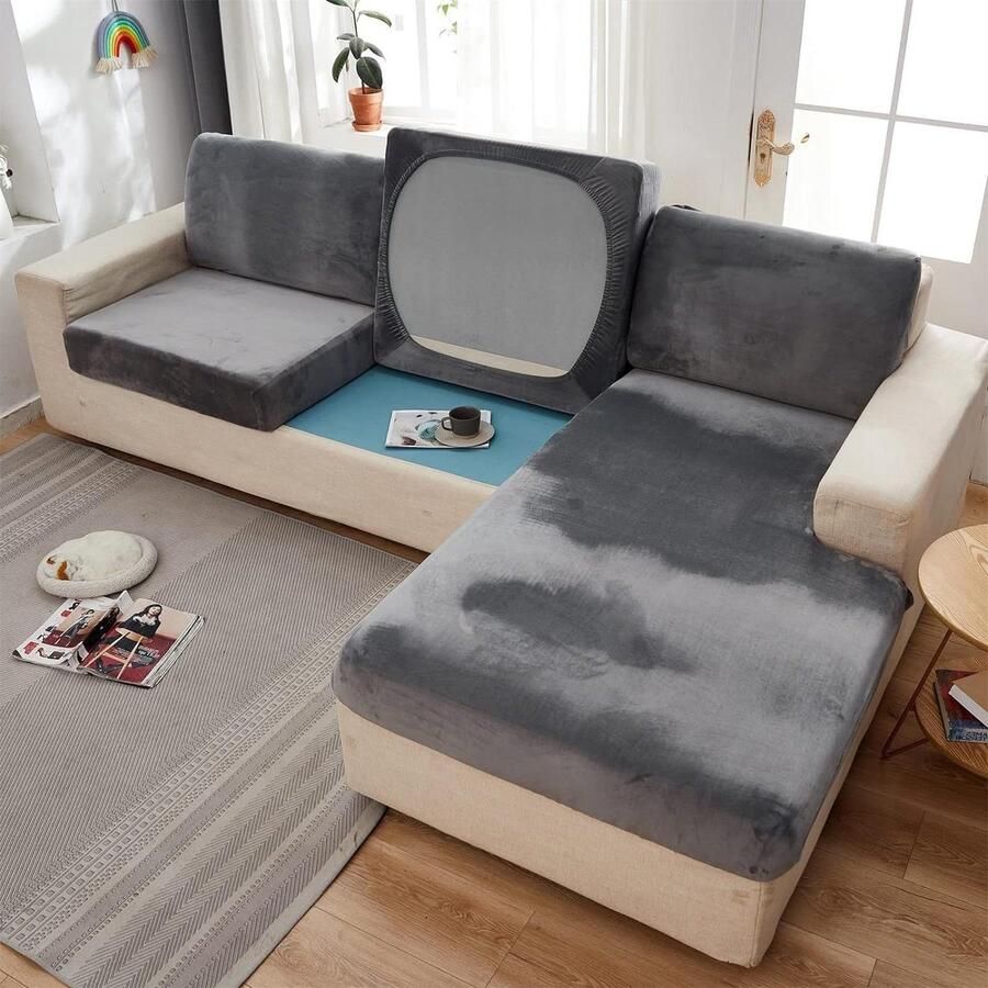 Fluwelen kussenhoes voor L-vormige sofa chaise longue LiveGo 1 2 3-zits met elastische bodem