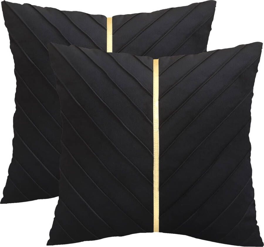 Fluwelen kussenhoezen 45x45cm decoratieve bank luxe moderne kussenhoezen voor woonkamer slaapkamer bankkussen bed met goud leer (zwart 45x45cm 2 stuks)