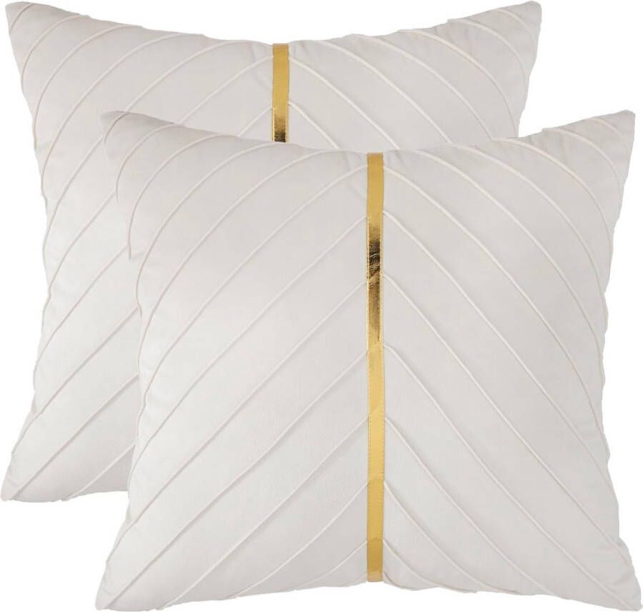 Fluwelen kussenhoezen 45x45cm decoratieve bank luxe moderne kussenhoezen voor woonkamer slaapkamer bankkussen bed met goudleer (beige 45x45cm 2 stuks