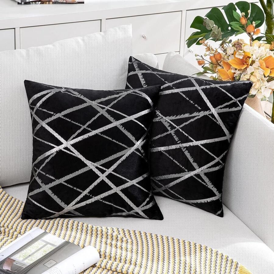 Fluwelen kussenhoezen Vierkant helder lijnontwerp Decoratieve kussenslopen voor bank woonkamer Set van 2 40 x 40 cm Zwart