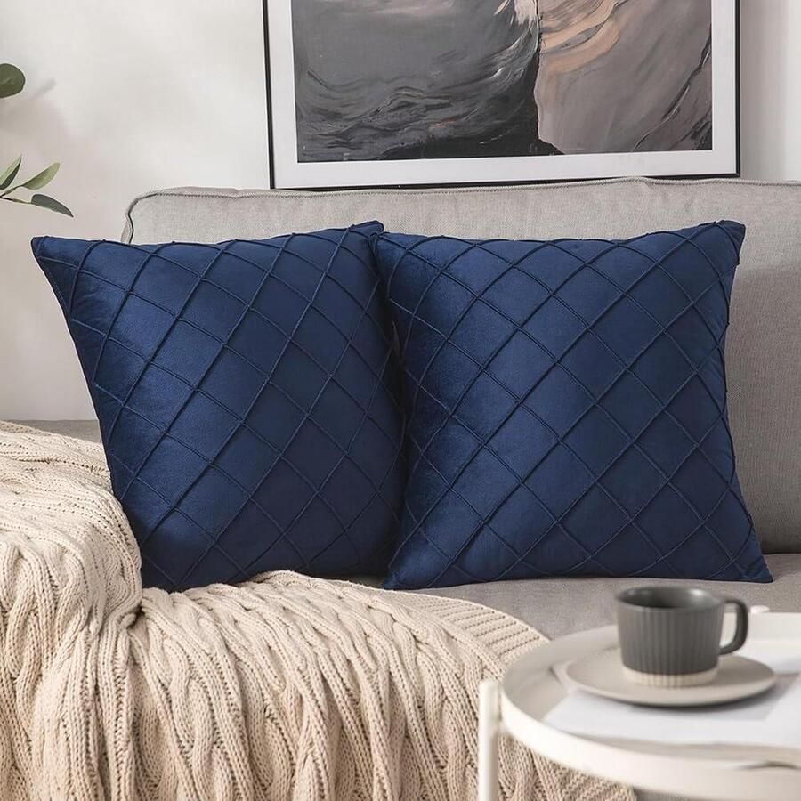 Fluwelen kussenhoezen vierkant patroon Set van 2 decoratieve kussenhoes superzacht Woonkamer slaapkamer bank marineblauw 45 x 45 cm
