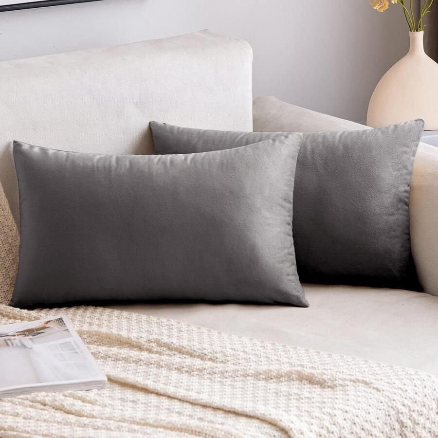 Allecto Plus Fluwelen kussensloop voor decoratief sierkussen bankkussen lendenkussen set van 2 30 x 50 cm grijs voor bank en slaapkamer verborgen ritssluiting