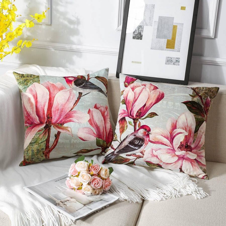 Fluwelen kussensloop decoratieve superzachte kussenhoes met magnolia bloemenpatroon decoratief kussen voor bank bed 45 x 45 cm 2 stuks