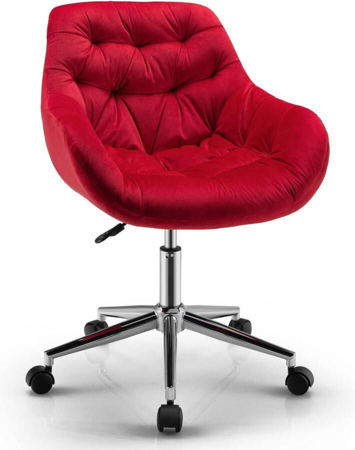 Fluwelen Ontspannen Fauteuil In Hoogte Verstelbare Bureaustoel met Rolwieltjes Ergonomische Half Leuning Accent Stoel met Gestoffeerde Zitting &Tufted Oppervlak voor Slaapkamer Vitrinekastje Studeerkamer (Rood)