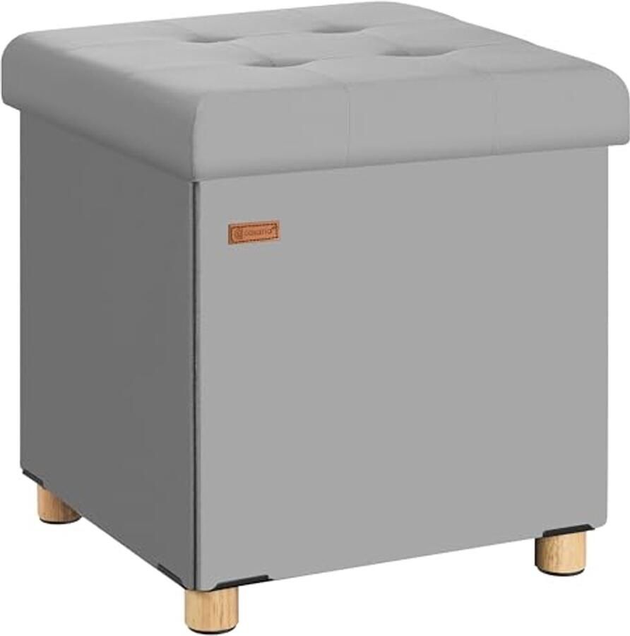 Fluwelen Opbergpoef met Houten Poten 40L Capaciteit 38x38x42cm Opvouwbaar tot 300kg Grijs