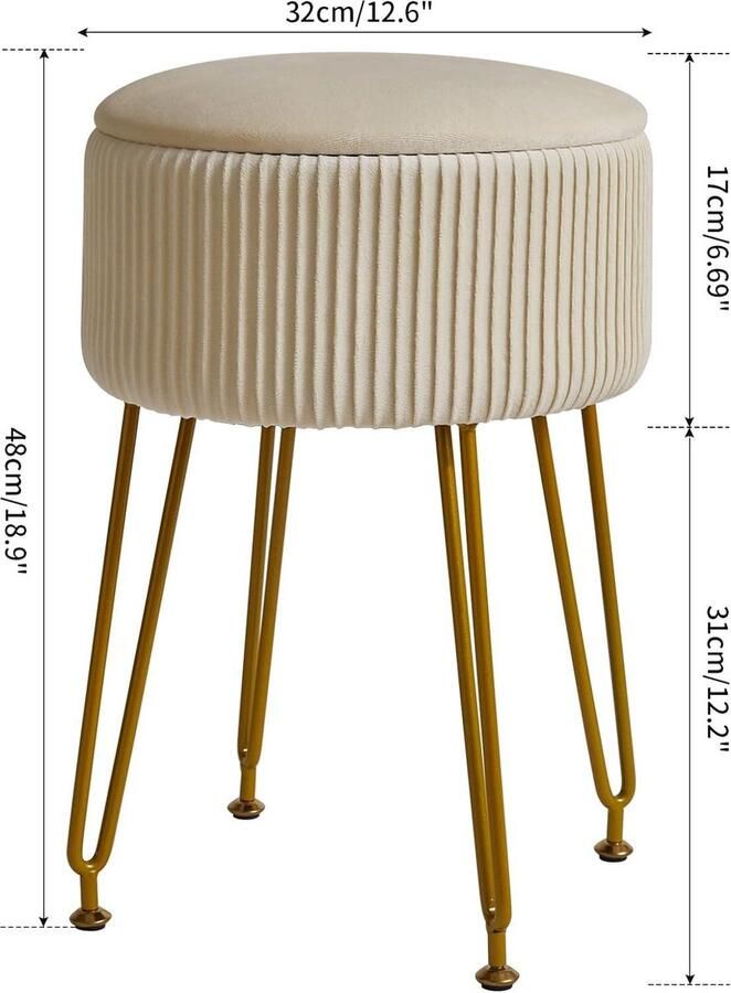 Fluwelen opslag voetensteun kruk Ottomaans met gouden stalen poten crèmewit LG-20M Kruk met opbergruimte