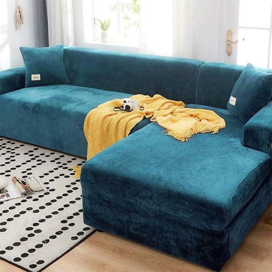 Fluwelen pluche bankhoes comfortabele bescherming 1 stuk Pauwblauw rekbaar 4-zits (93-118 inch)