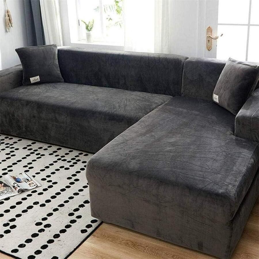 Fluwelen pluche bankhoes rekbare zachte dikke bankbeschermer voor -vormige sectionele bank grijs 4-zits (93-118 inch) hoekbank overtrek