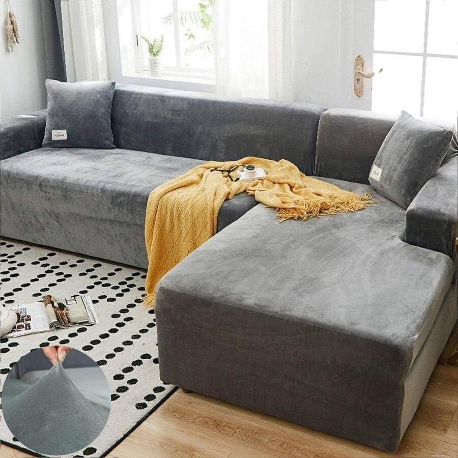 Fluwelen pluche bankhoes slipbestendige stretch sofahoes zachte dikke bankbeschermer LINGKY voor -vormige sectionele bank lichtgrijs 2-zits (57-73 inch)
