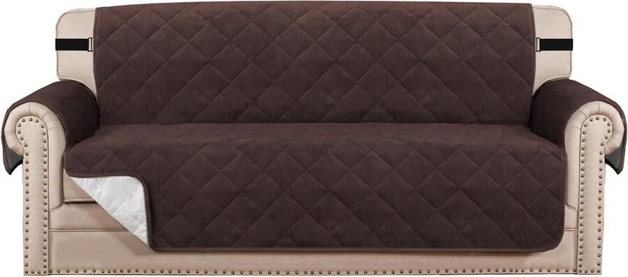 Fluwelen Pluche Sofa Cover Gewatteerd Huisdierenbescherming Antislip 3-zits Bruin