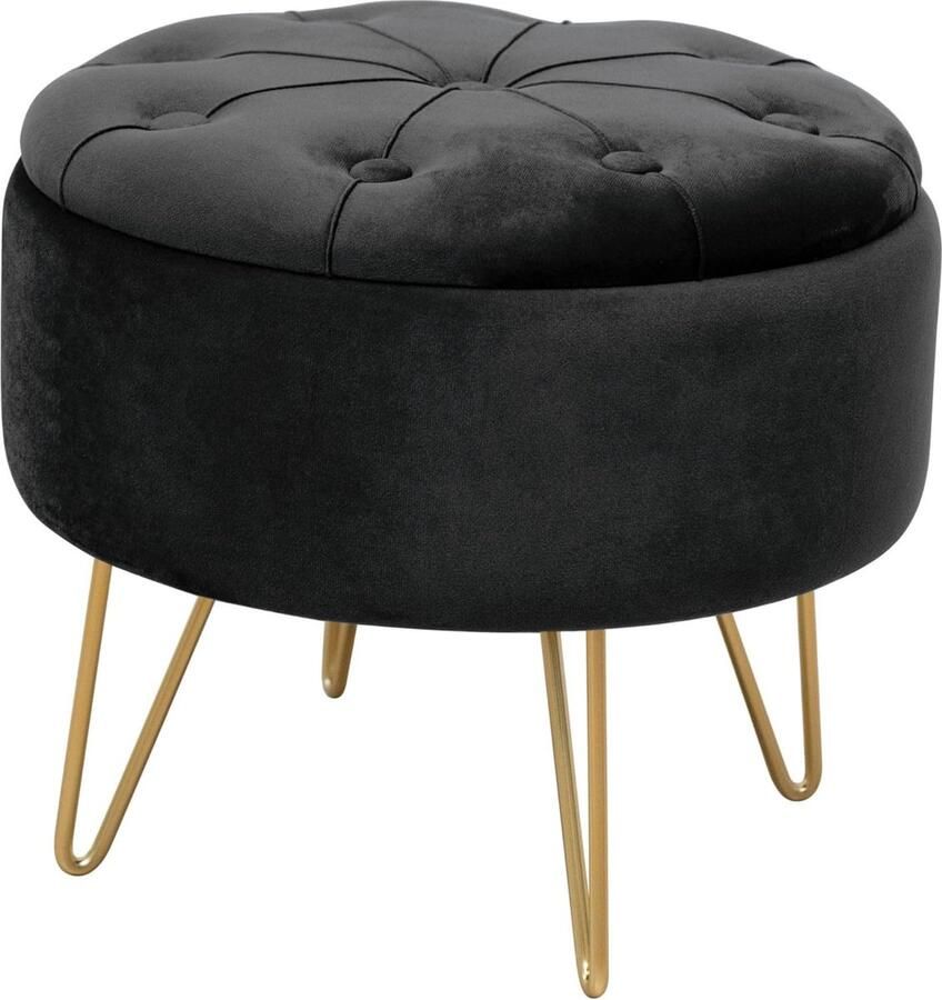 Fluwelen poef Caro voetenbank plank voor kleine voorwerpen modern velours gevoerd gewatteerde decoratieve poef metalen poten voor de woonkamer en slaapkamer zwart