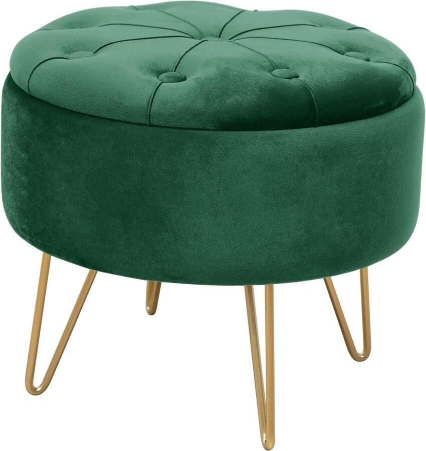 Fluwelen poef Caro voetenbank plank voor kleine voorwerpen modern velours gevoerd gewatteerde decoratieve poef metalen poten voor de woonkamer en slaapkamer fles groen