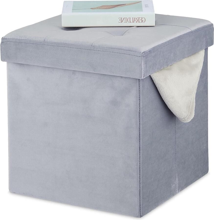 Fluwelen Poef met Opbergruimte Zithocker Vierkant 38 x 38 x 38 cm Grijs Gepolsterd