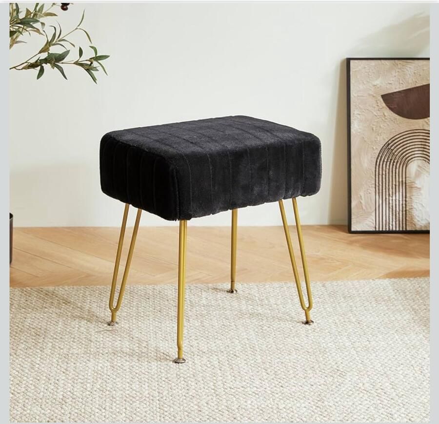 Fluwelen rechthoekige voetensteun Ottomaanse kruk make-up dressoir-kruk of -bijzettafel fluwelen kaptafel-stoel poef bankkruk met goudkleurige stalen poten zwart