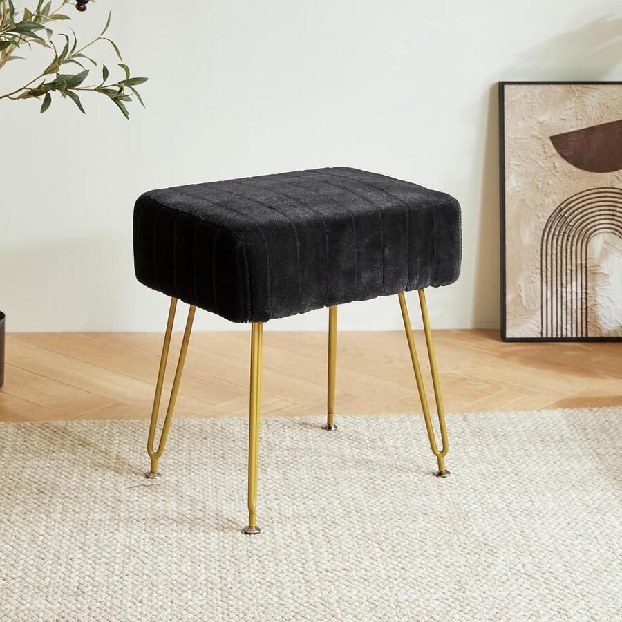 Retadou Fluwelen rechthoekige voetensteunstoel Ottoman make-upkruk bijzettafel fluwelen make-uptafel poef bankkruk gouden stalen poten zwart L G-51B