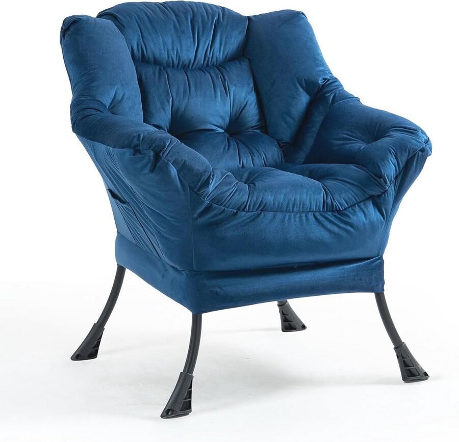 Fluwelen Relaxfauteuil met Neksteun voor woonkamer en slaapkamer Stabiele Loungestoel (Donkerblauw)