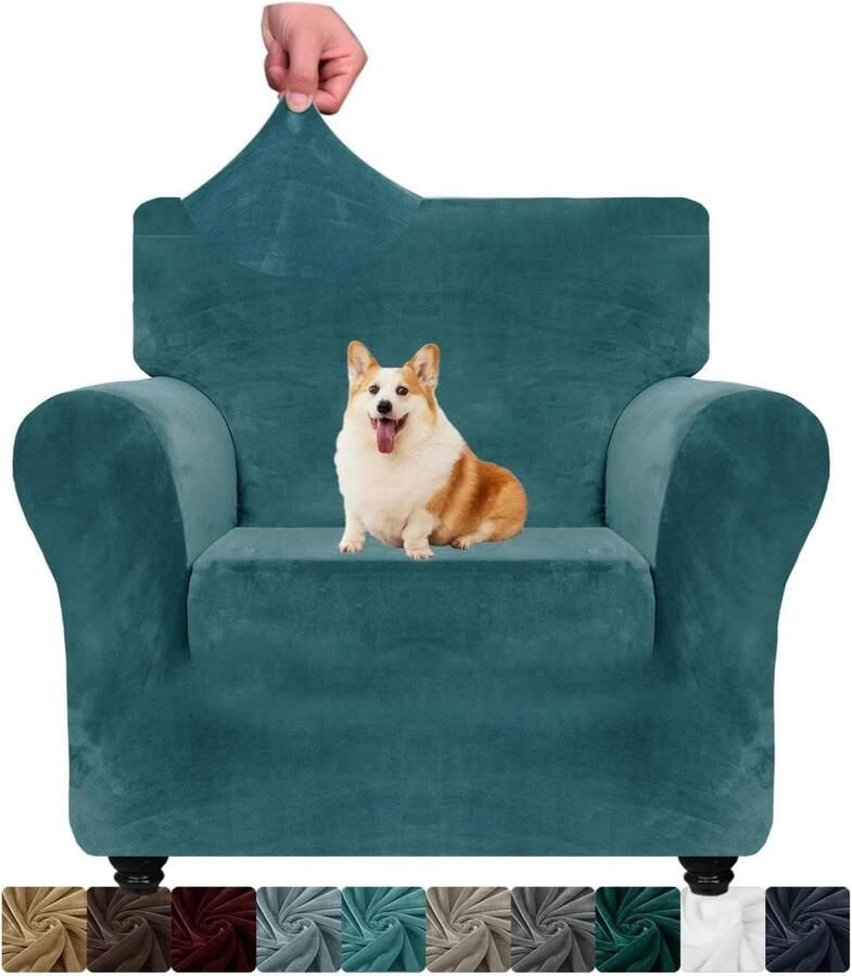 Fluwelen stoelhoes 1-zits dikke stretch bankovertrek honden antislip armleuningen woonkamer pauwenblauw