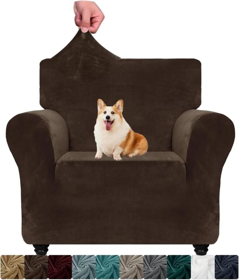 Fluwelen stoelhoes met dikke stretch 1-zits bankovertrek voor honden antislip met armleuningen donkere koffie