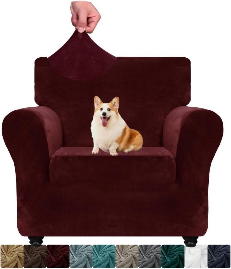 Fluwelen stoelhoezen dikke stretch bankovertrekken huisdieren bescherming 1-zits wijnrood