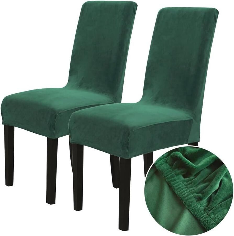 Fluwelen Stoelhoezen Set van 2 voor Eetkamerstoelen Donkergroen Stretch Hoezen