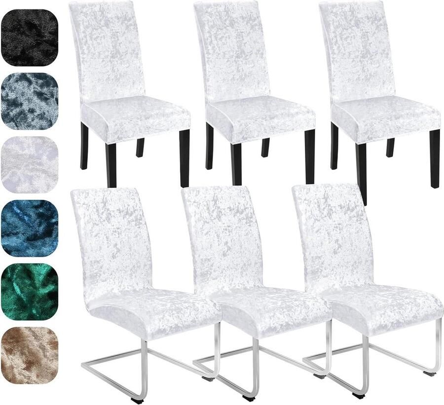 Fluwelen stoelhoezen set van 6 Gekreukt fluweel Stretch Afneembaar en wasbaar Bescherming voor eetkamer Feest banket bruiloft Wit Stoelhoezen