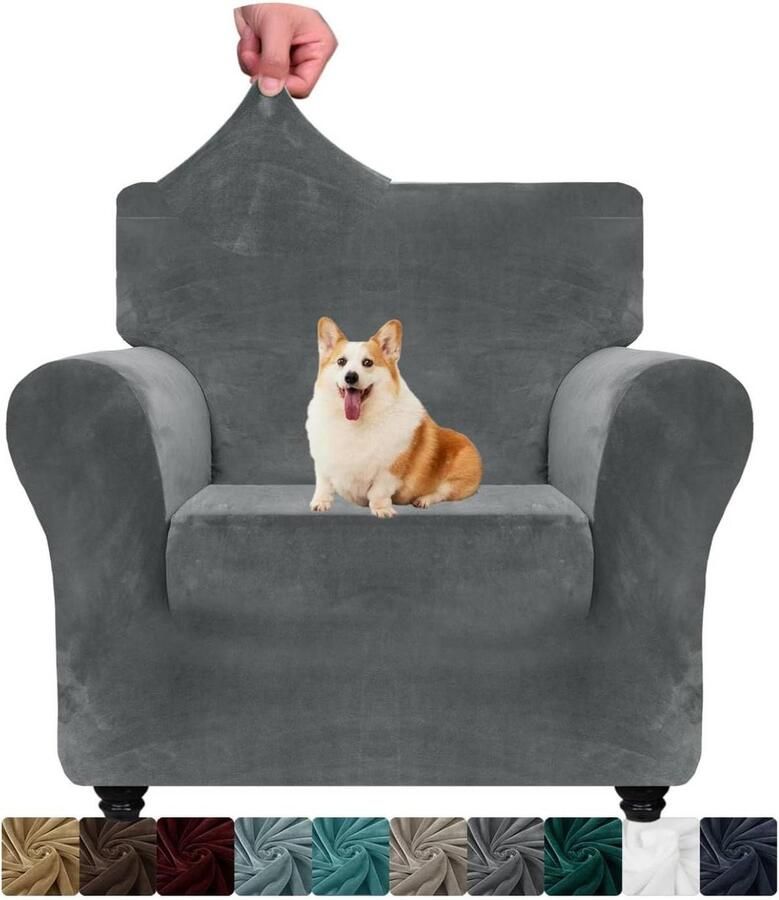 Fluwelen stoelhoezen voor zetels Dikke stretch bankhoezen voor honden Antislip stoelbekleding met armleuningen Woonkamer 1 zits grijs
