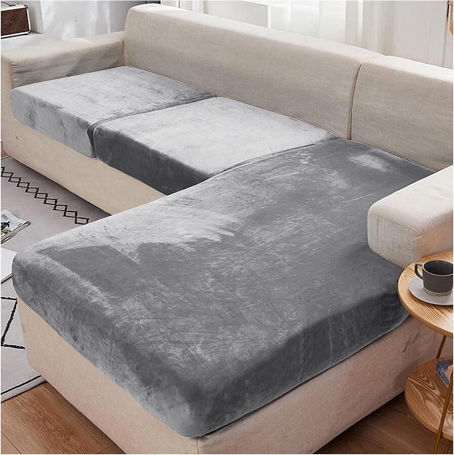 Fluwelen stretch bankovertrek voor L-vormige hoekbank zilvergrijs 1-zits zitkussen hoekbank hoes stretch