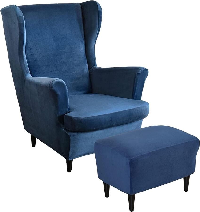 Fluwelen stretch hoes voor fauteuil met vleugelrugleuning en voetenbank 2-delig