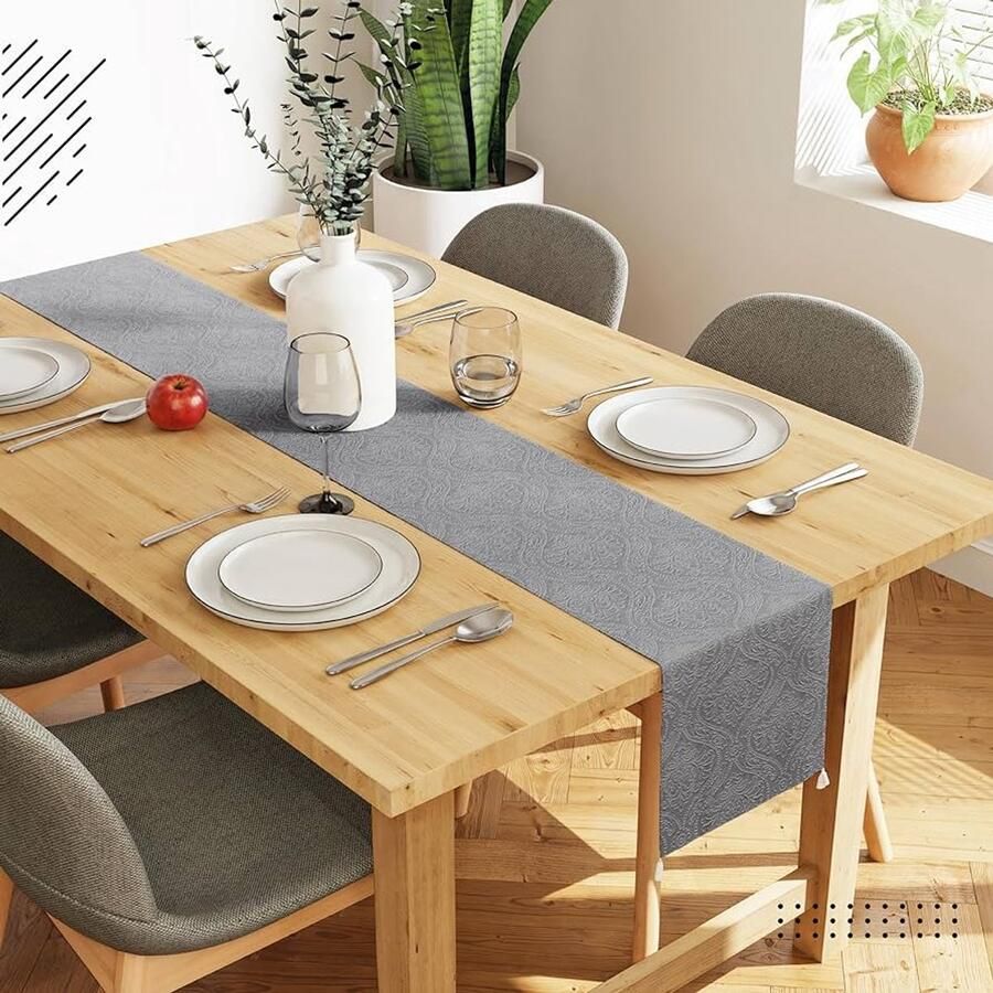 Fluwelen tafelloper in reliëf grijs 32x150 cm machinewasbaar