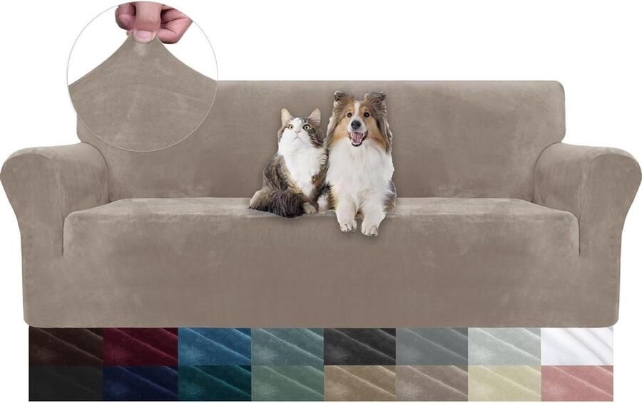 Fluwelen Universele Stretch Bankhoes 3 Zits met Armleuningen Elastische Sofahoes in Khaki Kleur voor Woonkamer Krasbestendig en Huisdiervriendelijk