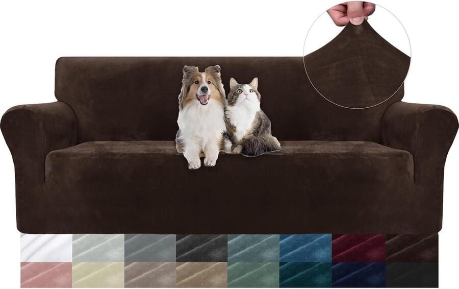 Fluwelen Universele Stretch Bankhoes voor 3 Zits Sofa Elastische Sofahoes voor Woonkamer Krasbestendige Meubelhoes voor Huisdieren Koffie