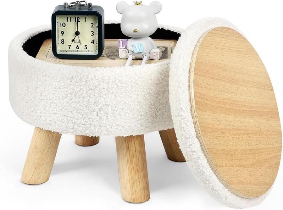 “Fluwelen Voetenbank met Opbergruimte – Kleine Poef met Deksel & Gevoerde Zitting Mini Voetensteun voor Woonkamer & Slaapkamer – Wit”