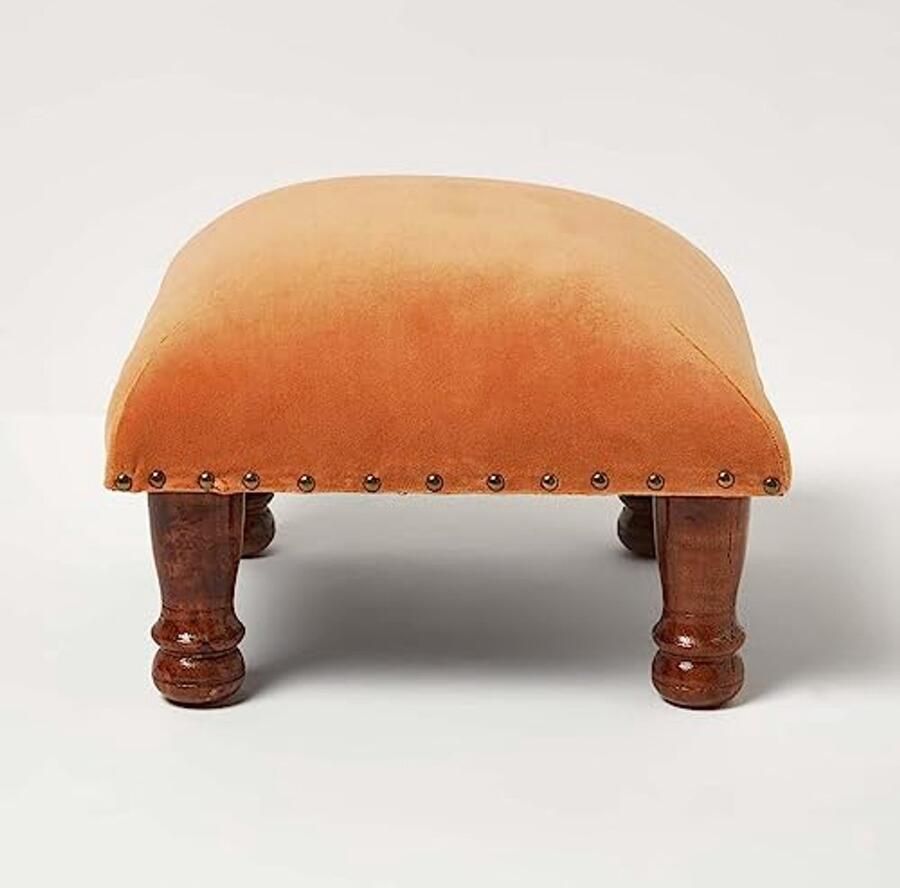 Fluwelen voetenbank oranje 40 x 40 cm Moderne poef met massief houten poten