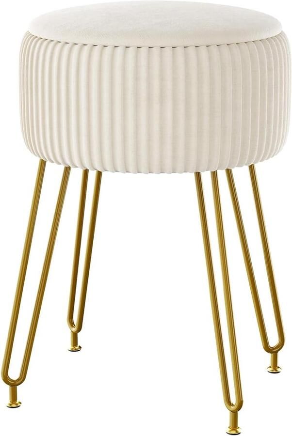 Retadou Fluwelen voetensteun kruk voetensteun kruk make-up-kruk bijzettafel met gouden stalen poten afneembare afdekking salontafel top wit L G-20M